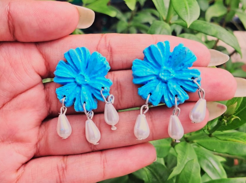blue flower with triple pearl by Velaora Jewels